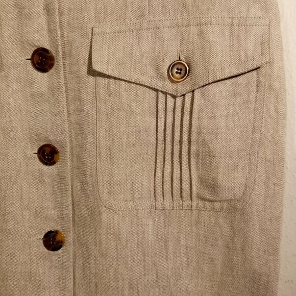 Women's LINEN Dress sz 10 Tan Button-front Short-sleeve Vintage 90's MIDI - Picture 5 of 12